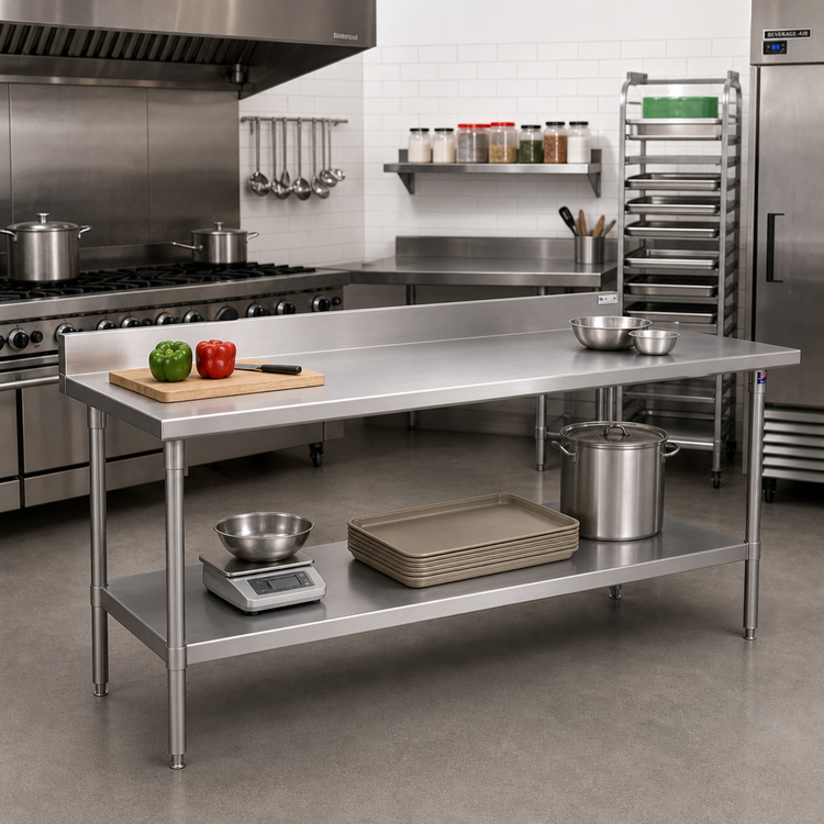 Product image #2 for John Boos Stallion 108" x 30" 16-Gauge 300-Series Stainless Steel Top Work Table with 5" Backsplash and Adjustable Undershelf