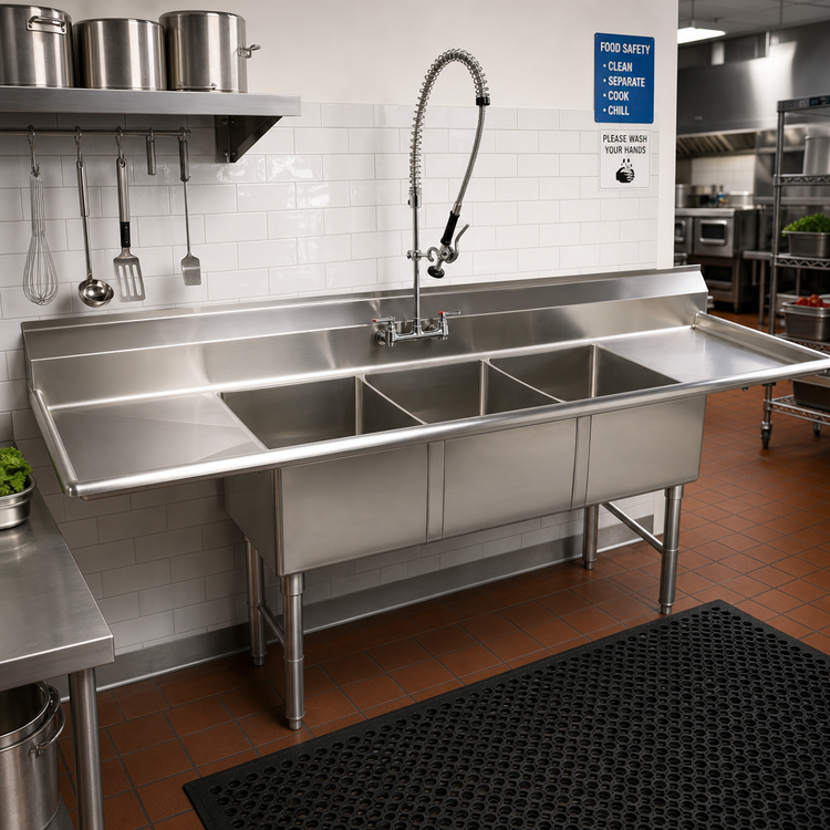 Product image #2 for Heavy Duty 16-Gauge Three-Compartment Stainless Steel Sink with Double Drainboards, 84-Inch W x 25.5-Inch D