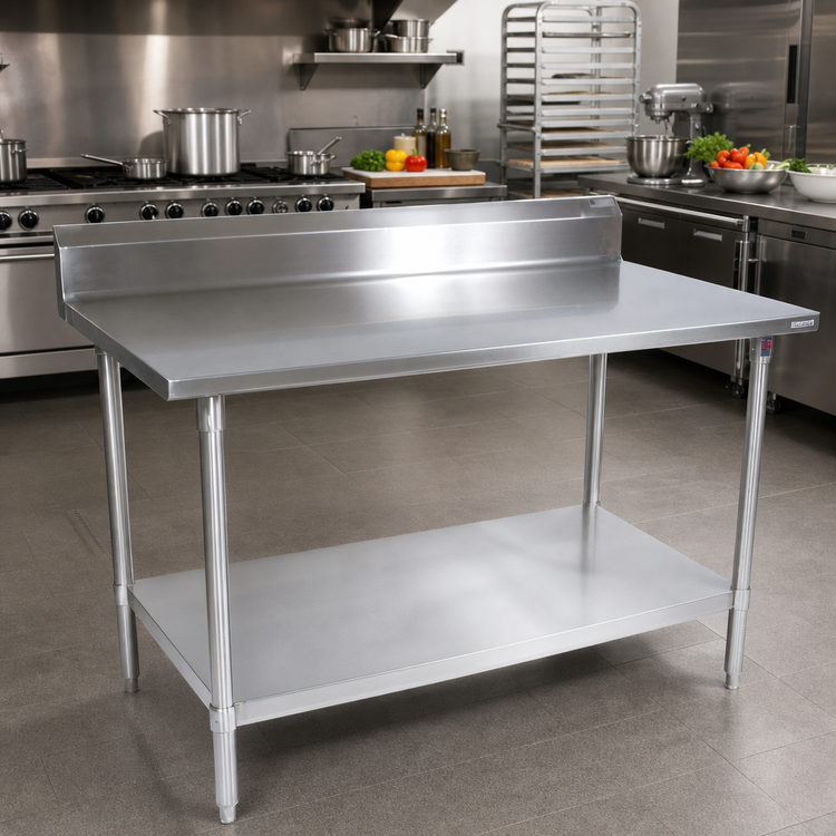 Product image #2 for John Boos Stallion 108" x 36" 14-Gauge 300 Series Stainless Steel Work Table with 5" Backsplash and Adjustable Undershelf