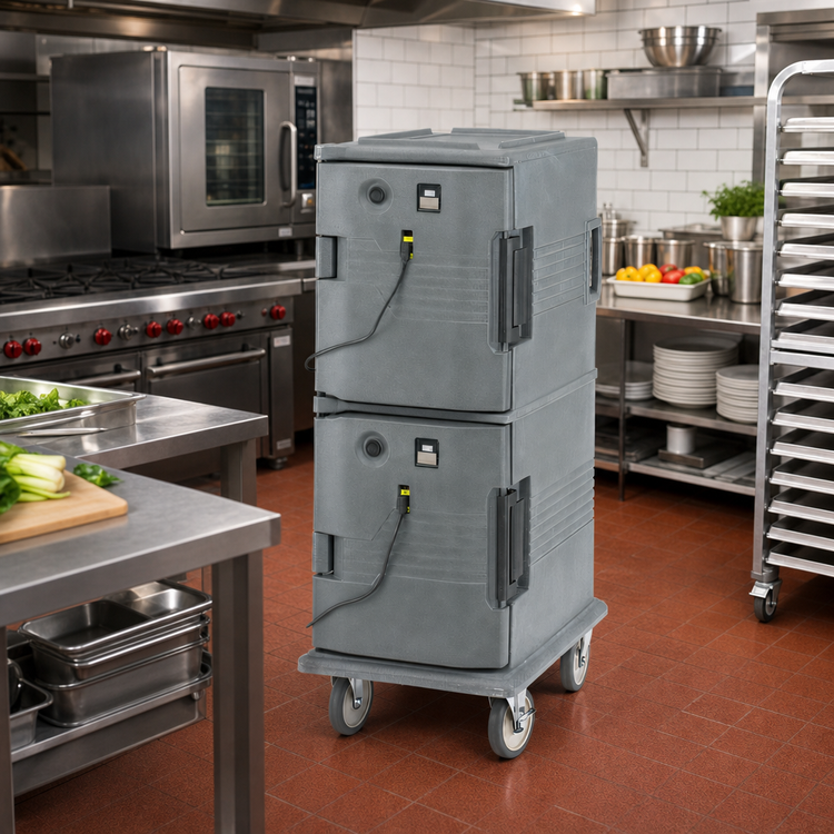 Product image #3 for Cambro Ultra Camcart Heated 2-Compartment Front-Loading Food Pan Carrier, Granite Gray, 110V