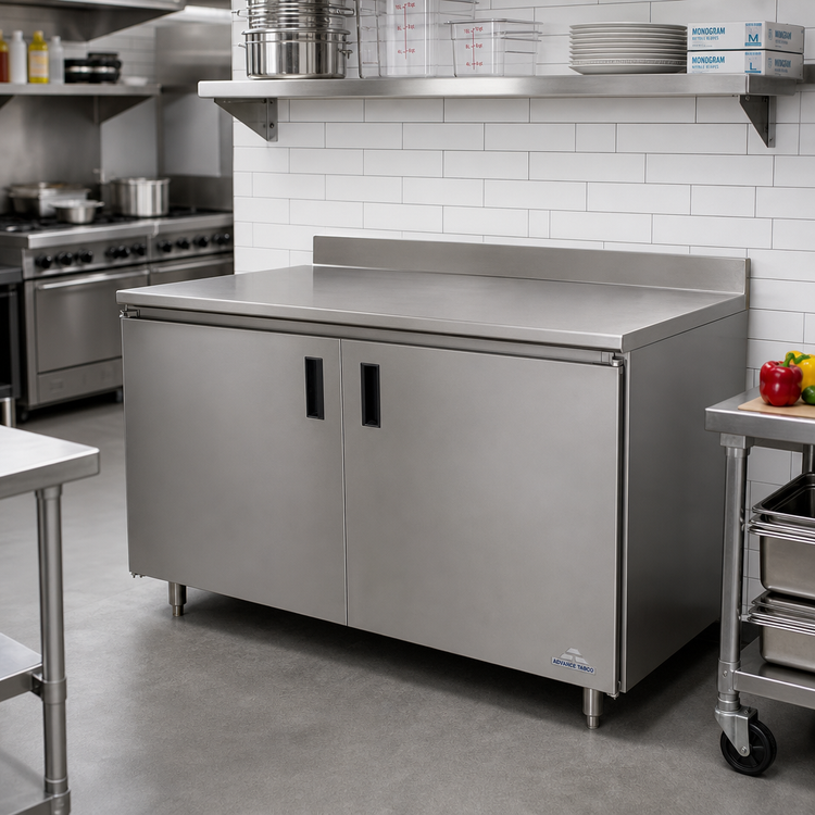 Product image #2 for Advance Tabco Special Value Series 96" x 24" 16 Gauge 304 Stainless Steel Enclosed Work Table with Sliding Doors and 5" Backsplash