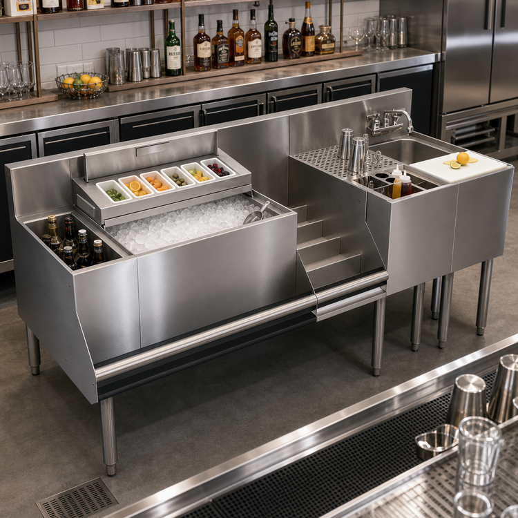 Product image #2 for Krowne Royal Series 68-Inch Underbar Workstation with Ice Bin, Elixir Well, Liquor Rail, Tool Caddy, Dump Sink, Cutting Board and Cabinet