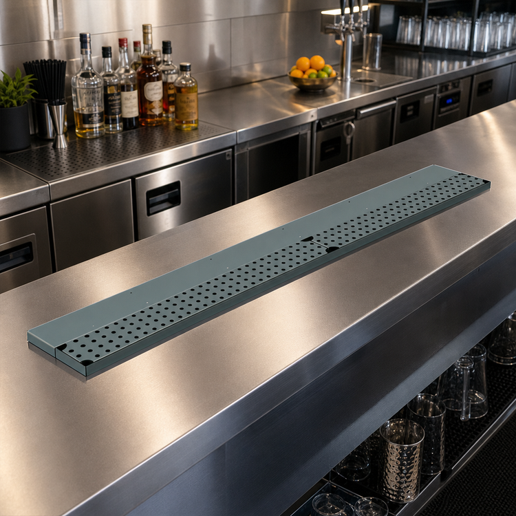 Product image #2 for 48-Inch Stainless Steel Bar Drink Rail with 2 Removable Grates and Right-Side Drain