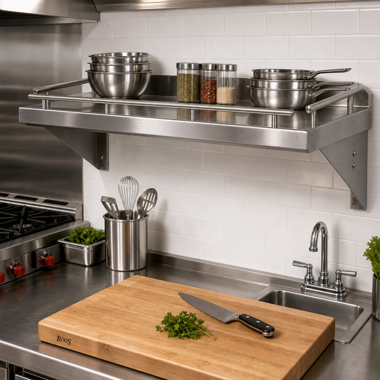 Product image #2 for John Boos Cucina Mensola Grande 48-Inch Wall-Mount 18-Gauge Stainless Steel Shelf with Galley Rail