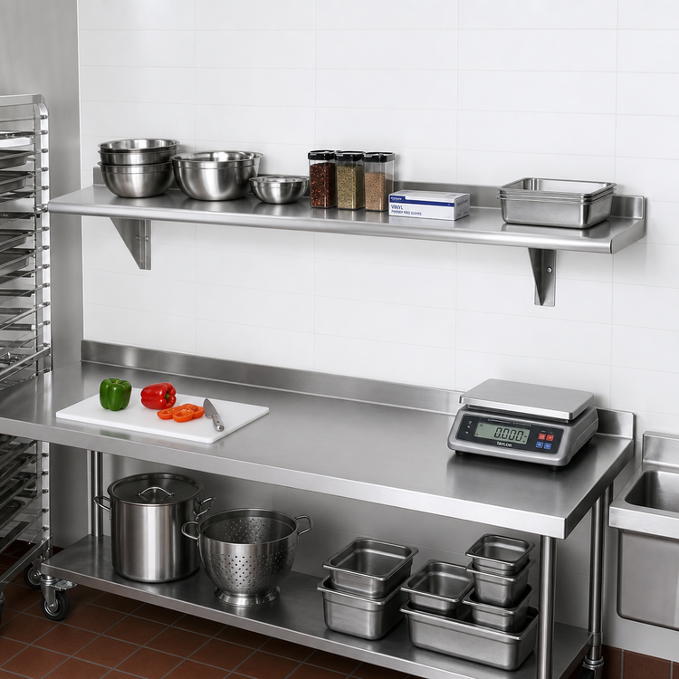 Product image #2 for Advance Tabco 96" x 15" Wall-Mounted Stainless Steel Shelf, 18 Gauge, Satin Finish