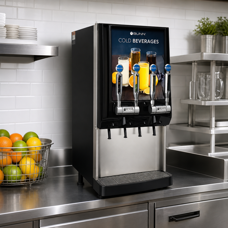 Product image #2 for BUNN Silver Series 4-Flavor Cold Beverage System with Tap Handles, Lighted Door and Juice Display