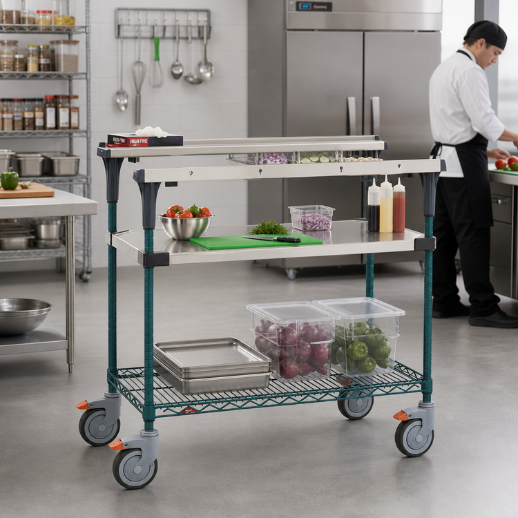 Product image #2 for Metro PrepMate MultiStation 18" x 48" Mobile Prep Cart with Solid Stainless Steel Shelf and MetroSeal 3 Wire Shelf