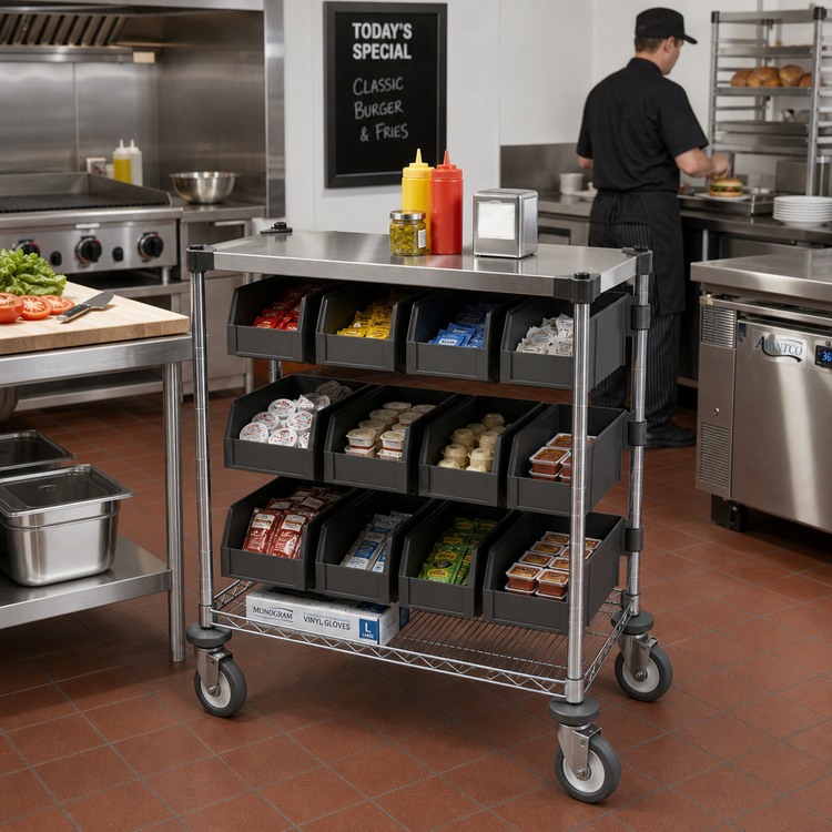 Product image #2 for Metro Chain Reaction Mobile 2-Tier Condiment Cart with 304 Stainless Steel Top Shelf and Adjustable Wire Bottom Shelf