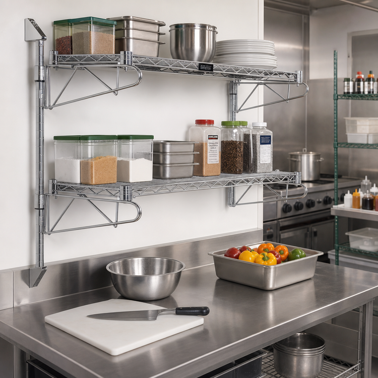 Product image #2 for Quantum Cantilever Double Shelf Wall-Mount Wire Shelving Unit, 48 x 21 Inches, Gray Epoxy