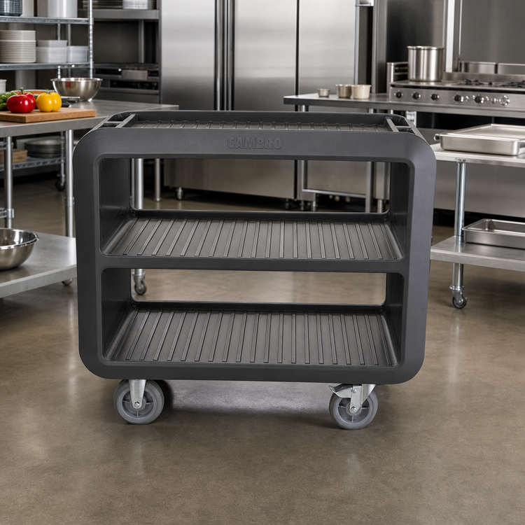 Product image #3 for Cambro Service Cart Pro Large Open-Sides 3-Shelf Bus Cart, 600 lb. Capacity, Charcoal Gray