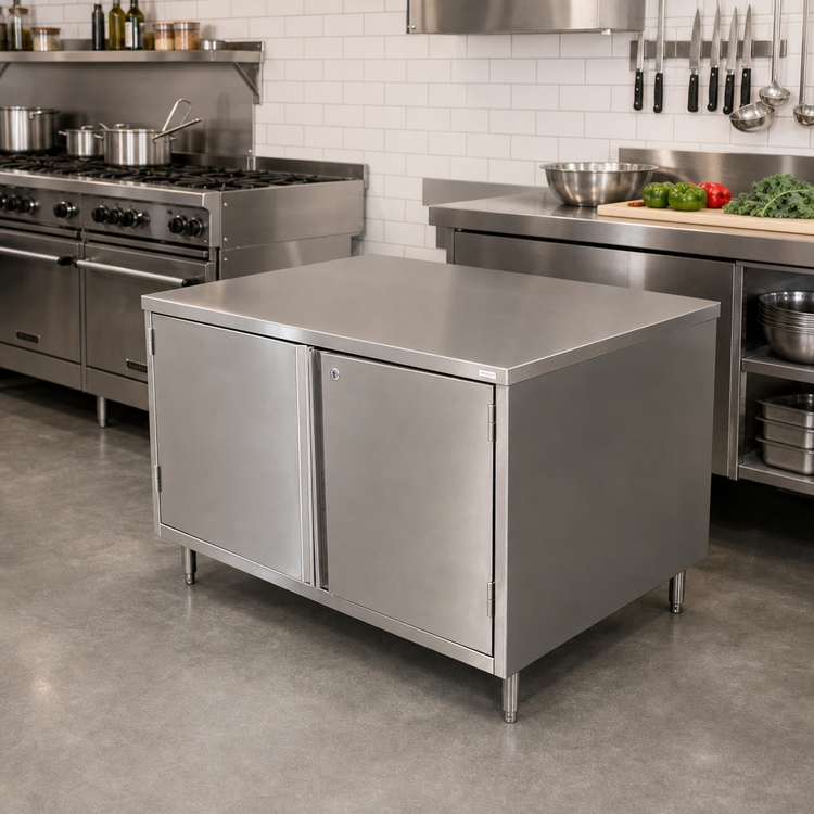 Product image #2 for BK Resources 24-Inch x 24-Inch Stainless Steel Chef Table with Cabinet Base, Hinged Door and Lock