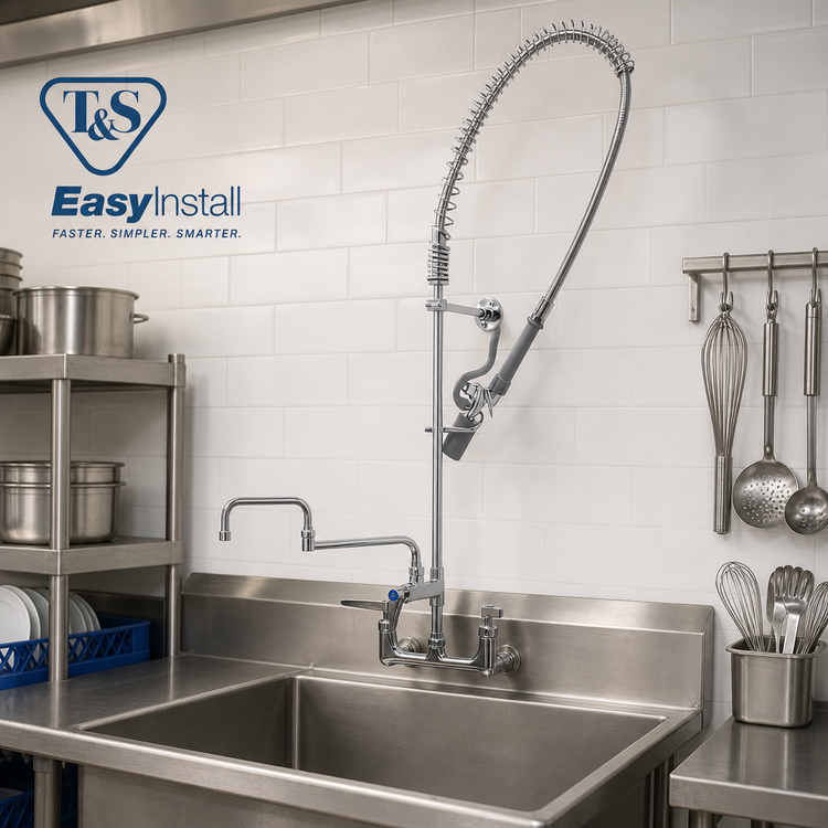 Product image #2 for T&S Brass EasyInstall 8-Inch Wall Mount Pre-Rinse Unit with Add-On Faucet, 18-Inch Double Joint Swing Nozzle, and 0.65 GPM Spray Valve