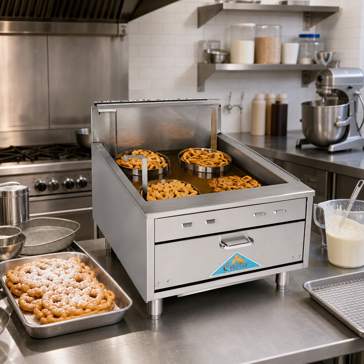 Product image #2 for Comstock-Castle 23-Inch Flat-Bottom Countertop Gas Funnel Cake/Doughnut Fryer, 20-25 lb Fat Capacity, 50,000 BTU