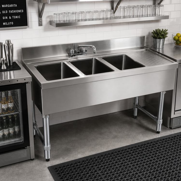 Product image #2 for Advance Tabco Underbar Basics 3-Compartment Bar Sink Unit with Right Drainboard and Deck-Mount Faucet, 48 x 21 x 33 Inches