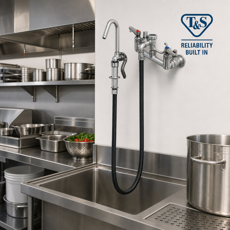 Product image #2 for T&S Brass Splash-Mounted Pot and Kettle Filling Faucet, 8-Inch Centers, 68-Inch Flexible Hose, Vacuum Breaker, Self-Closing Hooked Nozzle