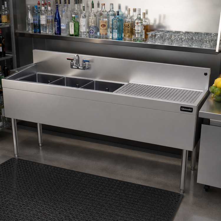 Product image #2 for Glastender Three-Compartment Underbar Sink Unit with Right Drainboard, 66" W x 19" D (TSA-66L-S)