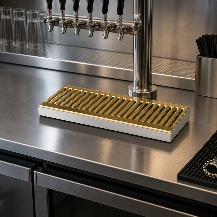 Product image #2 for Micro Matic Surface Mount Drip Tray Trough, 12" W x 5" D, Stainless Steel with Louvered PVD Brass Screen, No Drain