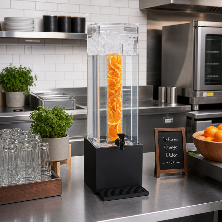 Product image #2 for Cal-Mil Midnight Bamboo 3-Gallon Square Beverage Dispenser with Ice Chamber and Drip Tray