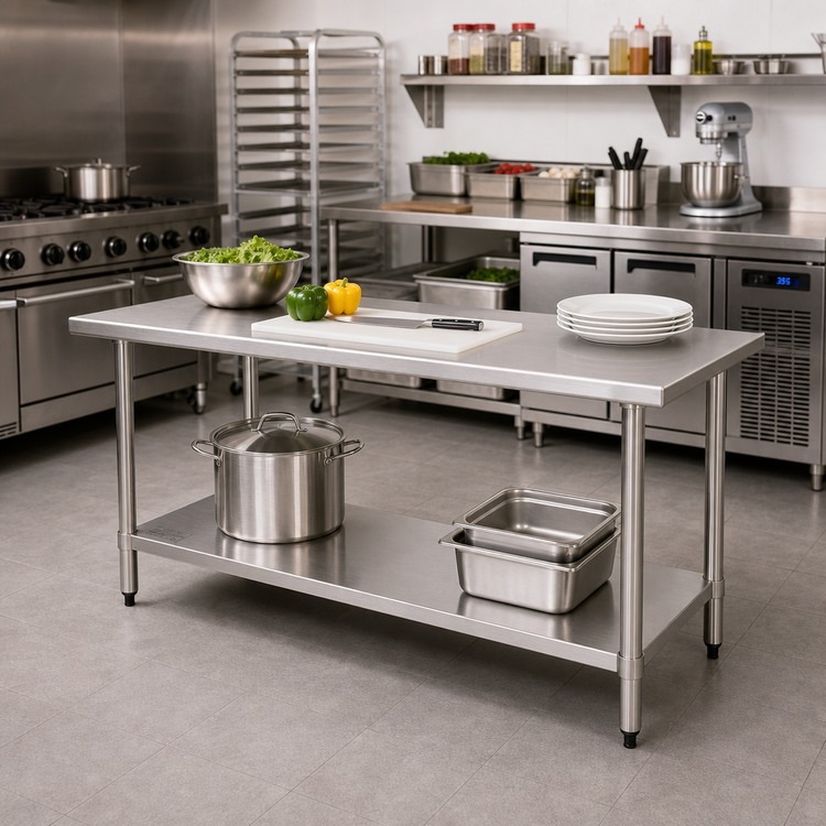 Product image #2 for BlendPort Budget Series 430 Stainless Steel Flat Top Work Table with Adjustable Undershelf, 48 x 24 Inches