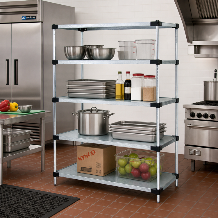 Product image #2 for Quantum 60-Inch W x 18-Inch D x 54-Inch H Stationary Solid Shelving Starter Kit with 4 Solid Shelves and Chrome Posts