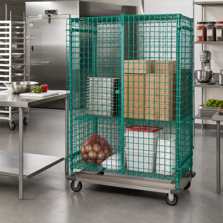 Product image #2 for Quantum Mobile Wire Security Cage with Dolly Base, 60 Inches W x 18 Inches D x 70 Inches H, Green Epoxy-Coated Finish