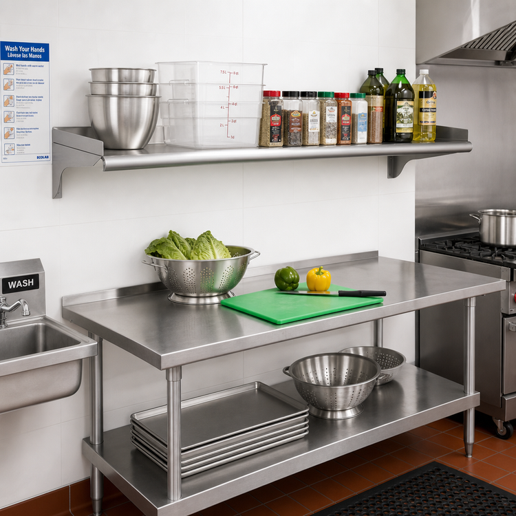 Product image #2 for Eagle Group Wall-Mounted Stainless Steel Wall Shelf, 96 Inches Wide x 12 Inches Deep, 16 Gauge Type 430