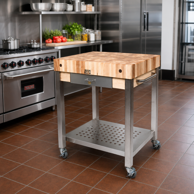 Product image #2 for John Boos Cucina Technica 30" x 24" Mobile End Grain Maple Butcher Block Cart with Stainless Steel Undershelf