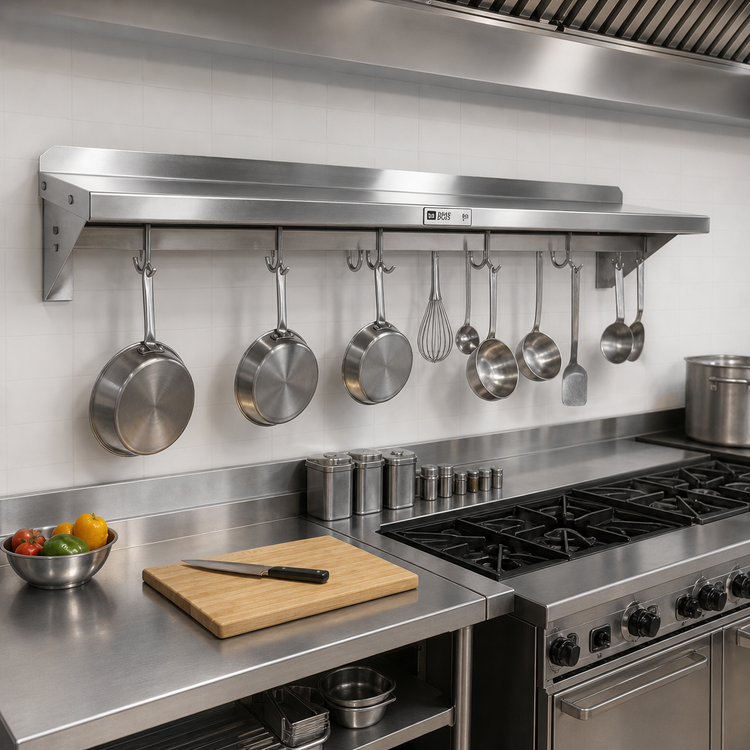 Product image #2 for John Boos Stallion 132-Inch Wall-Mount Stainless Steel Pot Rack Shelf with 11 Hooks