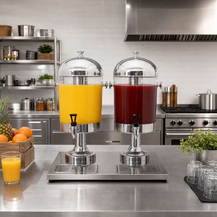 Product image #2 for Double Juice Dispenser with 2 x 8-Quart Round Tanks, Built-In Taps and Drip Trays