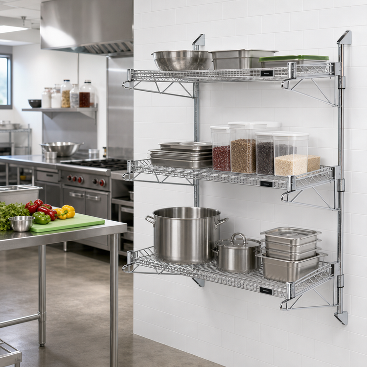 Product image #2 for Quantum Wall-Mount Cantilever Starter Unit with 3 Wire Shelves, Chrome Plated