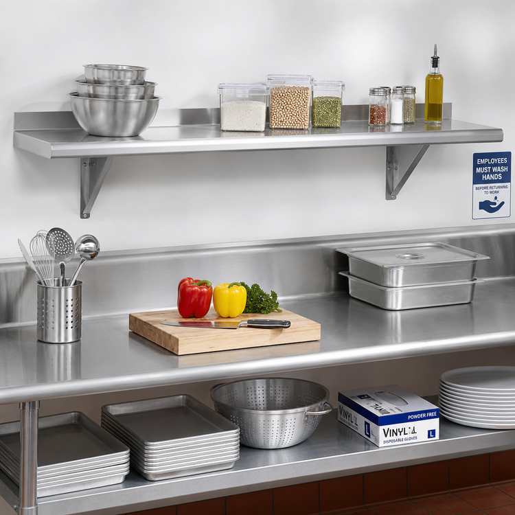 Product image #2 for Advance Tabco 96" x 12" Wall-Mounted Stainless Steel Shelf, 18-Gauge 430 Satin Finish