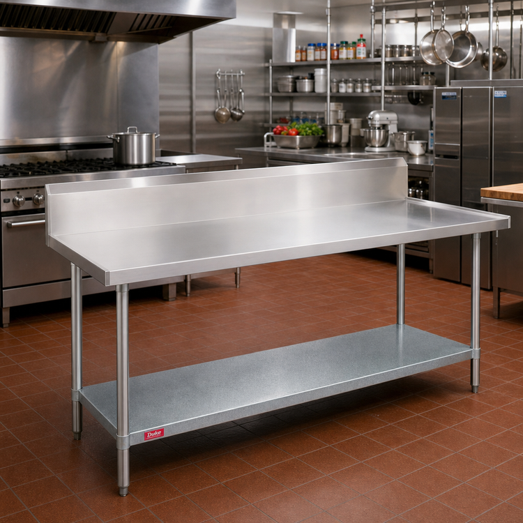 Product image #2 for Duke 144-Inch x 30-Inch Stainless Steel Work Table with 10-Inch Riser, Marine Edge, and Galvanized Undershelf
