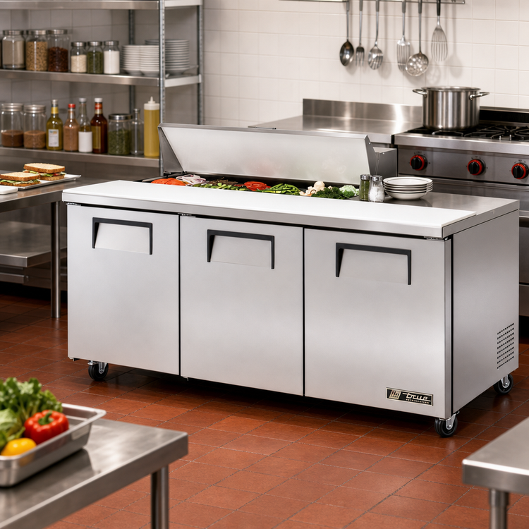 Product image #2 for True 72-Inch 3-Section Sandwich/Salad Prep Table with 3 Solid Doors, 12-Pan Top, and R290 Refrigeration