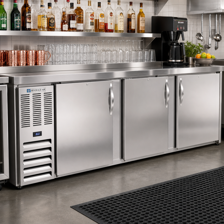 Product image #2 for Food-Rated Solid-Door Back Bar Refrigerator, Three-Section, 94-Inch Wide, Self-Contained R290