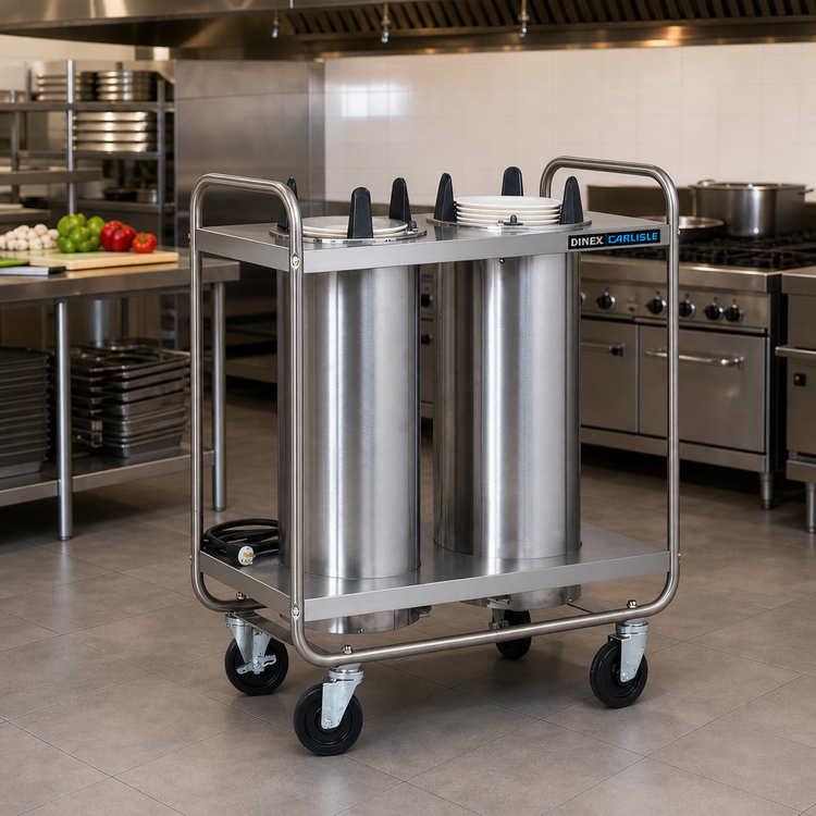 Product image #2 for Dinex Heated Mobile Plate and Bowl Dispenser, Dual Self-Elevating Tubes, Open Frame