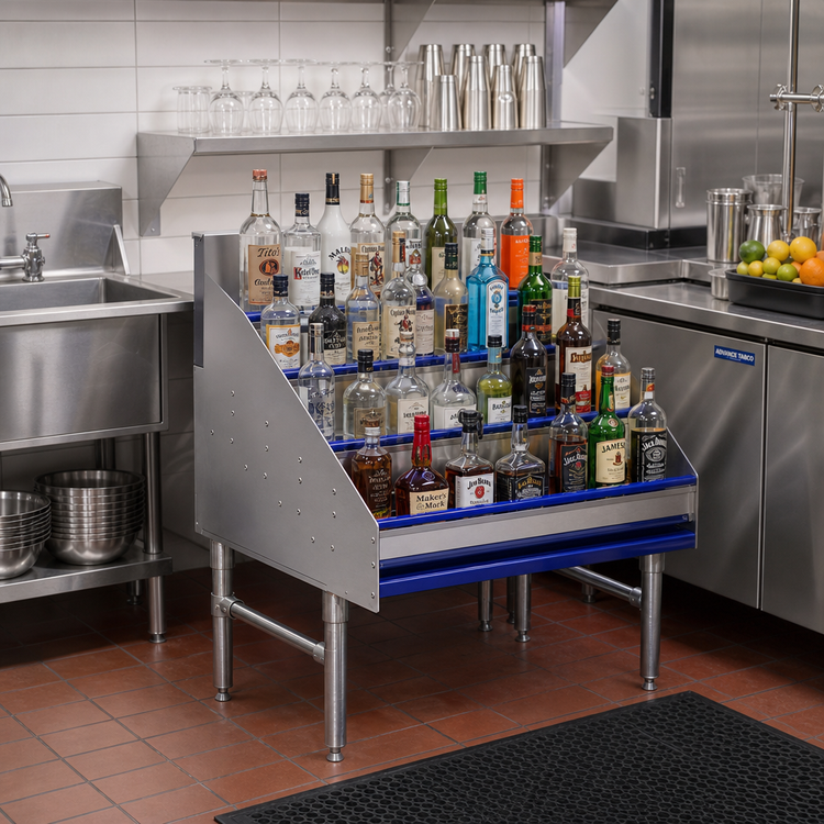 Product image #2 for Advance Tabco Prestige Supreme Freestanding 5-Step Stainless Steel Liquor Bottle Display Unit, 36-Inch Wide, 45-Bottle Capacity