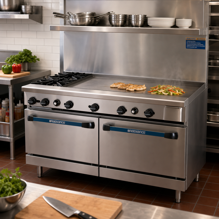 Product image #2 for Turbo Air Radiance 60-Inch Gas Restaurant Range with 48-Inch Left Griddle, 2 Open Burners, and 2 Standard Ovens