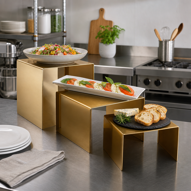 Product image #2 for American Metalcraft Satin Gold Square Stainless Steel Buffet Riser Set, 3-Piece