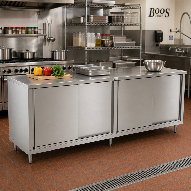 Product image #2 for John Boos 132-Inch x 24-Inch Stainless Steel Cabinet Base Work Table with Sliding Doors, 14-Gauge Flat Top