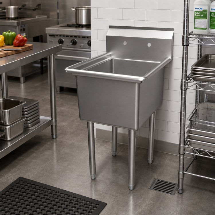 Product image #2 for BK Resources Economy 1-Compartment Stainless Steel Sink on Legs, 16" x 20" Bowl, 9" Backsplash