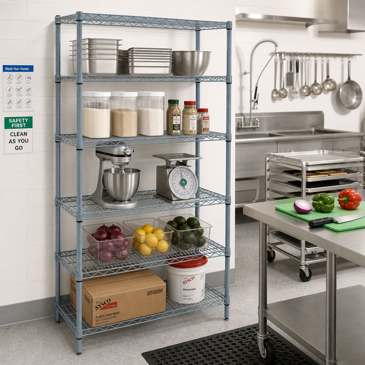 Product image #2 for Quantum Stationary Wire Shelving Starter Kit, 30 in. W x 14 in. D x 74 in. H, 5 Shelves, Gray Epoxy Antimicrobial Finish