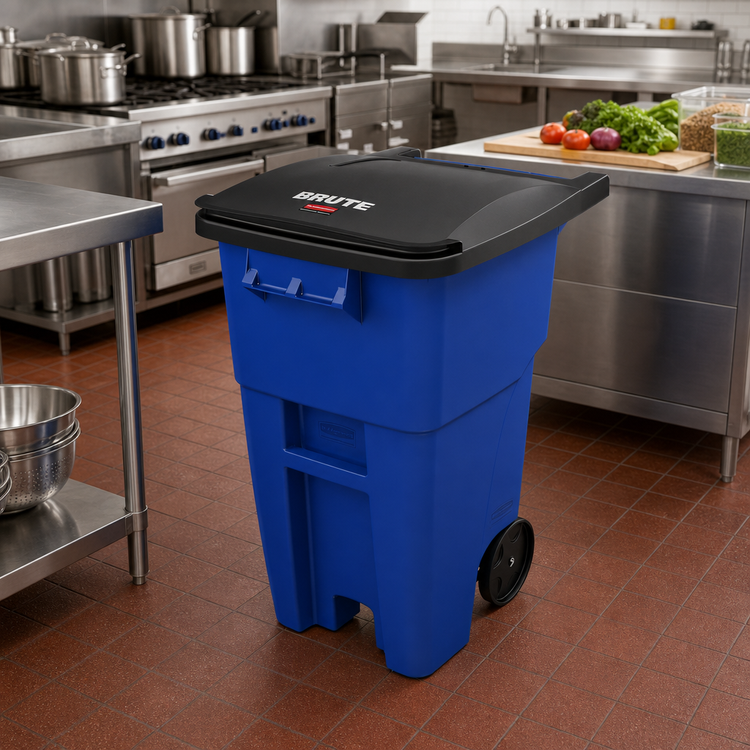 Product image #2 for BRUTE 50-Gallon Roll-Out Trash Container with Hinged Lid, Blue