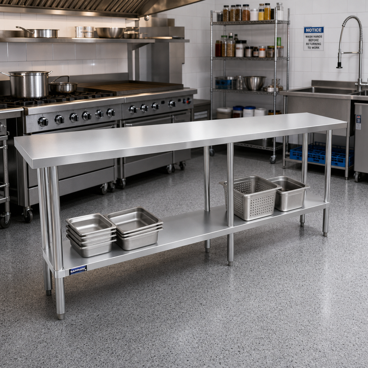 Product image #2 for Sapphire 84-Inch 18-Gauge 430 Stainless Steel Flat Top Work Table with Galvanized Legs and Undershelf