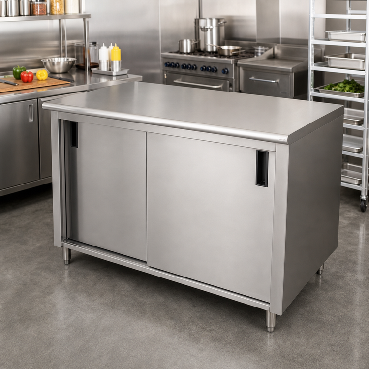 Product image #2 for Advance Tabco 72 Inch x 24 Inch Flat Top Stainless Steel Enclosed Work Table with Cabinet Base and Sliding Doors