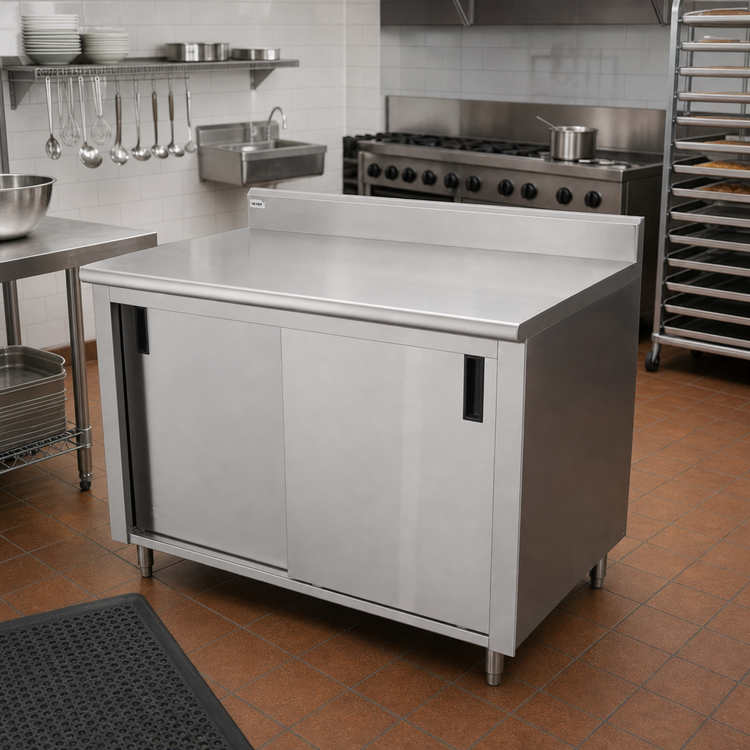 Product image #2 for Advance Tabco Special Value Economy Enclosed Work Table with Cabinet Base, 108W x 24D, 16 Gauge 304 Stainless Steel Top, 5 Inch Backsplash