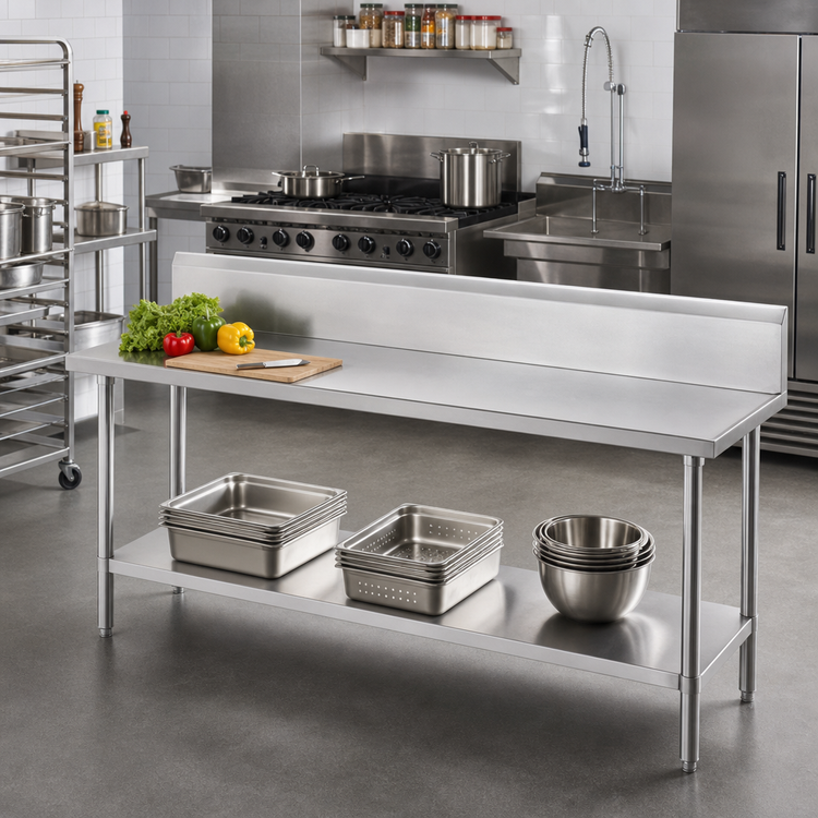 Product image #2 for Advance Tabco 108-Inch x 30-Inch 14-Gauge 304 Stainless Steel Work Table with 10-Inch Backsplash and Undershelf