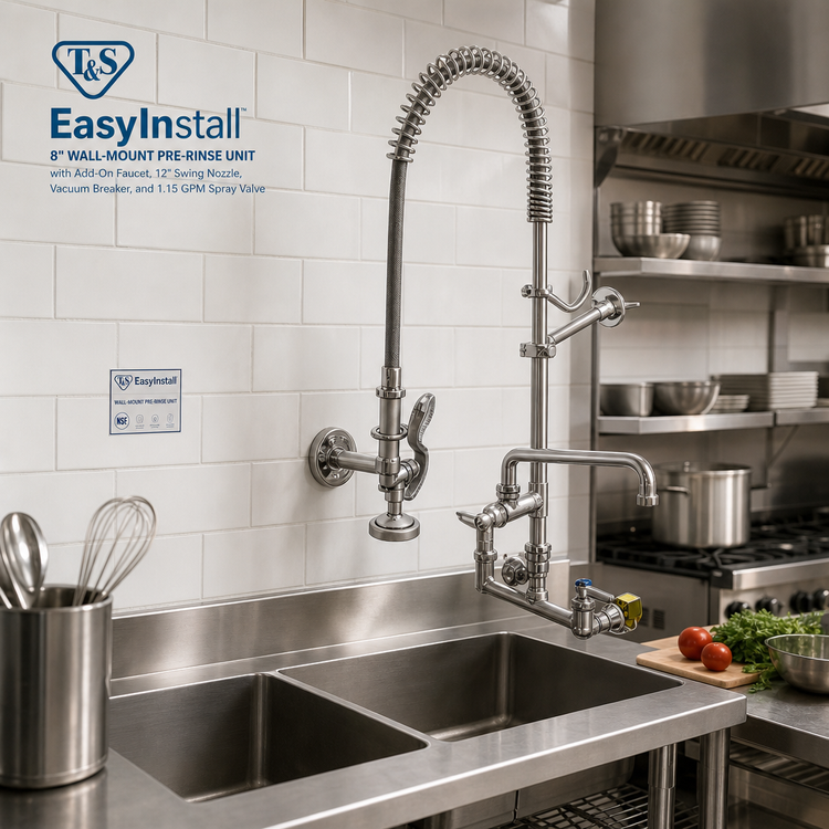 Product image #2 for T&S Brass EasyInstall 8-Inch Wall-Mount Pre-Rinse Unit with Add-On Faucet, 12-Inch Swing Nozzle, Vacuum Breaker, and 1.15 GPM Spray Valve