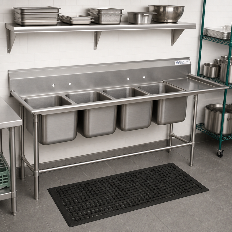Product image #2 for Advance Tabco Regaline 4-Compartment Sink with Right-Hand 24-Inch Drainboard, 20" x 28" Bowls, 14-Gauge 304 Stainless Steel