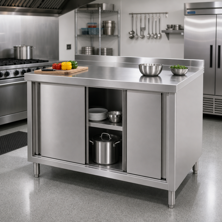 Product image #2 for Klinger's Trading 60 Inch x 24 Inch Stainless Steel Enclosed Work Table with Sliding Doors and Middle Shelf