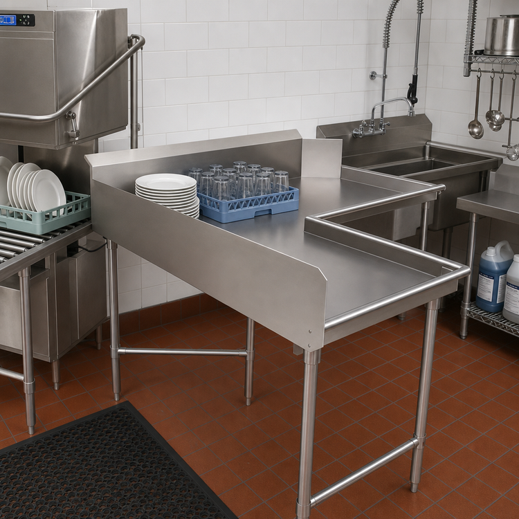 Product image #2 for BK Resources L-Shaped Corner Clean Dishtable, 60 x 60 Inches, Right-to-Left Operation, 10-Inch Backsplash, 16-Gauge 304 Stainless Steel